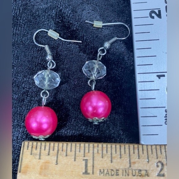 Hot Pink Pearl & Faceted Crystal Dangling Earrings 80s Neon Silver French Hooks - Picture 4 of 4